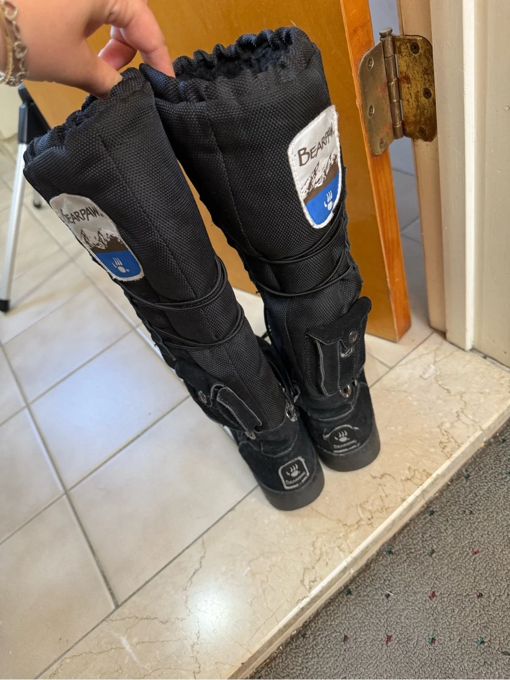 BearPaw Black Tall Fleece-Lined Winter Boots with Adjustable Lace Cords